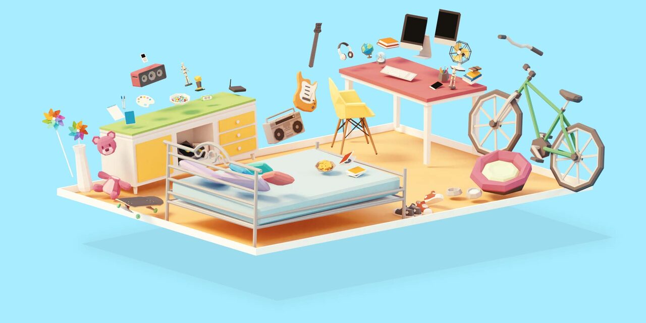 Key art: a teenager's bedroom floating in pieces against a pale blue sky, no text
