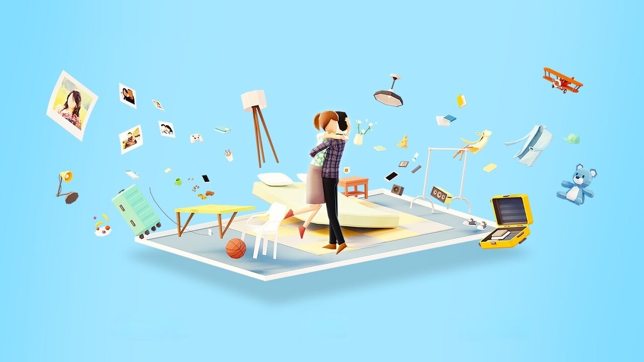 Key art: two people embrace among a family's floating things, no text